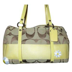 Coach Heritage Signature Canvas Yellow Stripe Barrel Satchel Hand Sewn Appliques